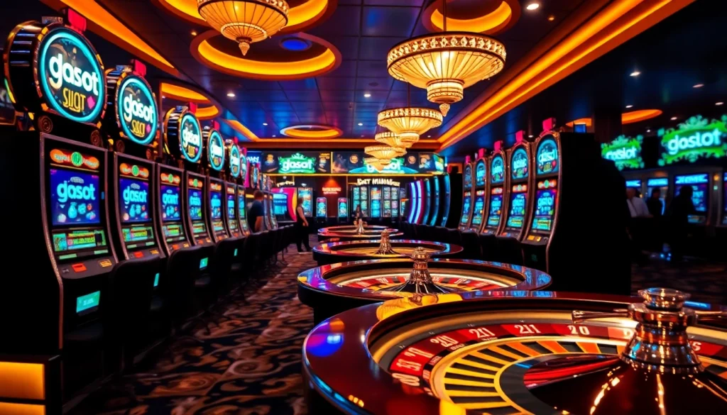 Players enjoying the doaslot slot machines in a vibrant casino atmosphere.