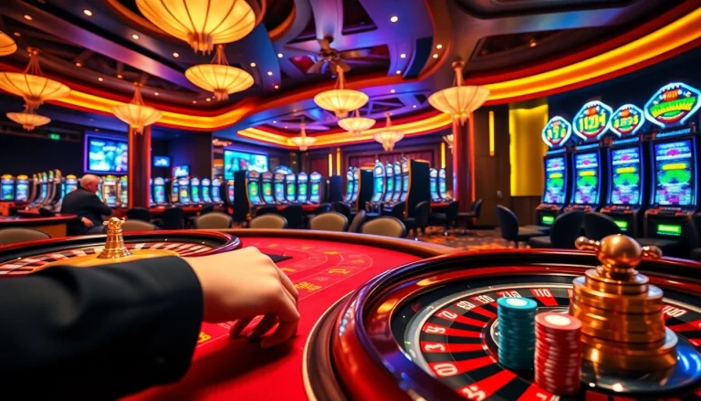 sky88 top casino experience featuring high-stakes poker, roulette, and vibrant slot machines.