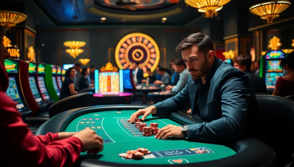 Players gamble at an exciting poker table in the luxurious casino scene of OK365.