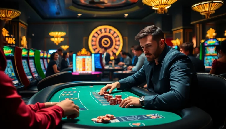 Players gamble at an exciting poker table in the luxurious casino scene of OK365.