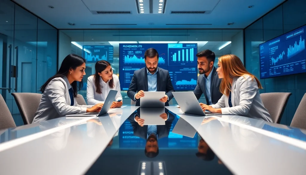 Business professionals discussing logo go3 fiyatı in a modern conference setting.