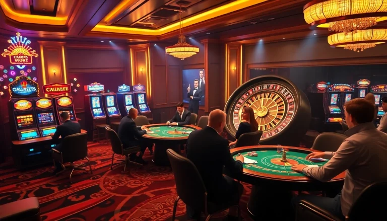 Players strategizing their moves at a poker table at https://bet88b.us.com/, surrounded by vibrant slot machines.
