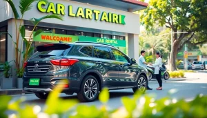 Kuching rent a car service showcasing vibrant cars with a friendly staff, surrounded by tropical scenery.