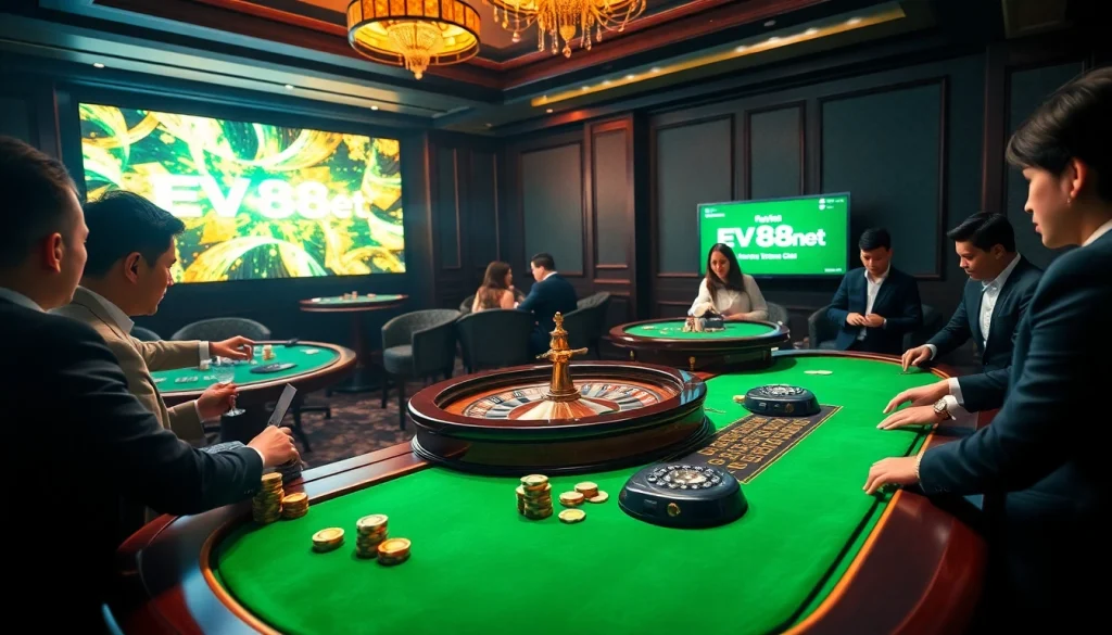 Players enjoying high-stakes games at EV88 net casino, showcasing vibrant poker chips, roulette wheel, and dealer action.
