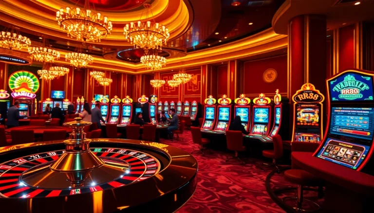 Experience the excitement of online gambling at trang chủ rr88 with luxurious casino tables and vibrant slot machines.