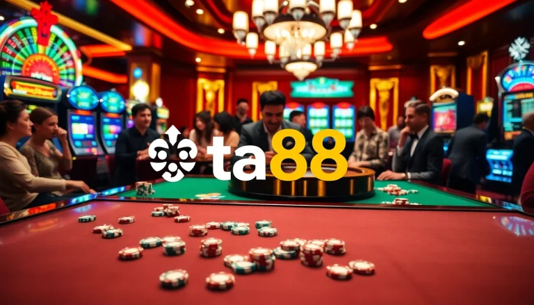 Betting excitement at ta88 with vibrant casino tables, slots, and roulette.