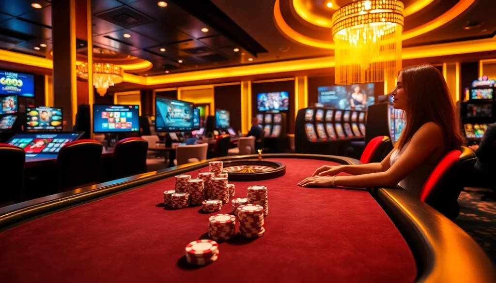 Experience exciting gaming action at max88 casino with a luxurious poker table and vibrant gaming atmosphere.