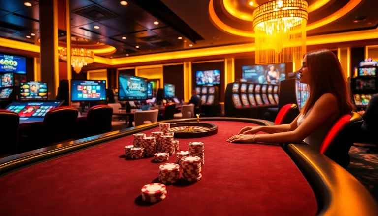 Experience exciting gaming action at max88 casino with a luxurious poker table and vibrant gaming atmosphere.