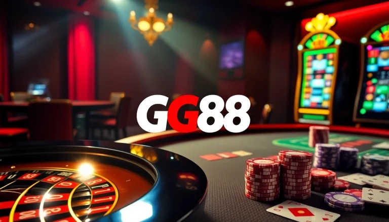 Engaging casino scene with GG88 logo, poker table, and roulette wheel.