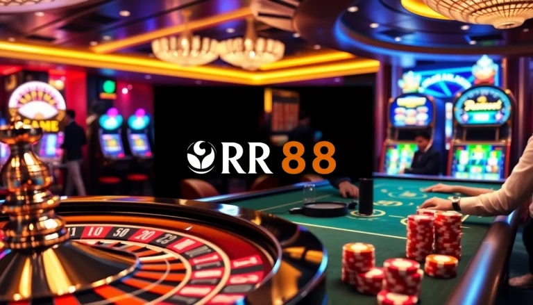 Players enjoy a thrilling casino experience with the RR88 platform, featuring slot machines and a roulette wheel.