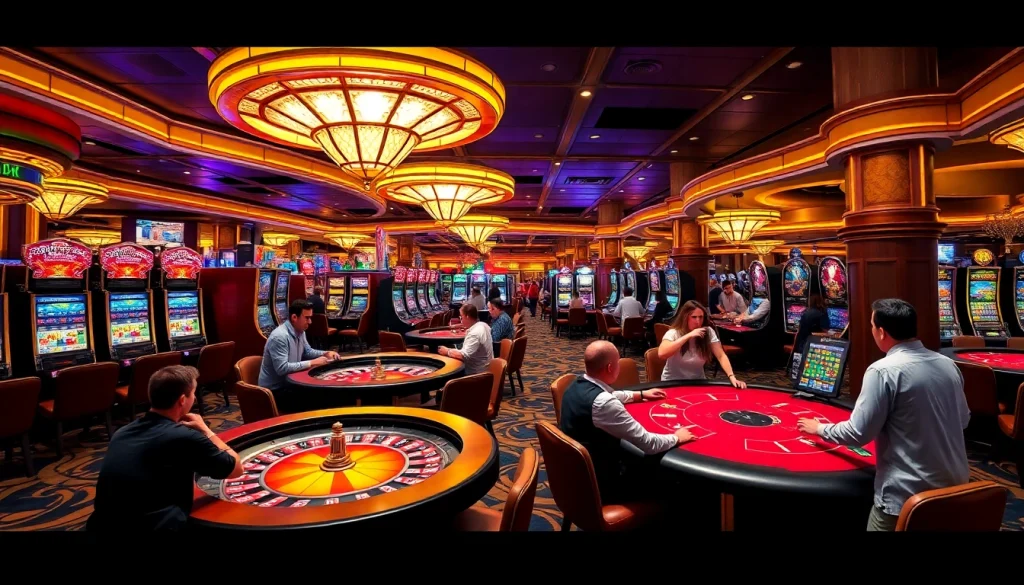 Players enjoying various games at F168.COM’s vibrant casino environment, showcasing excitement and engagement.