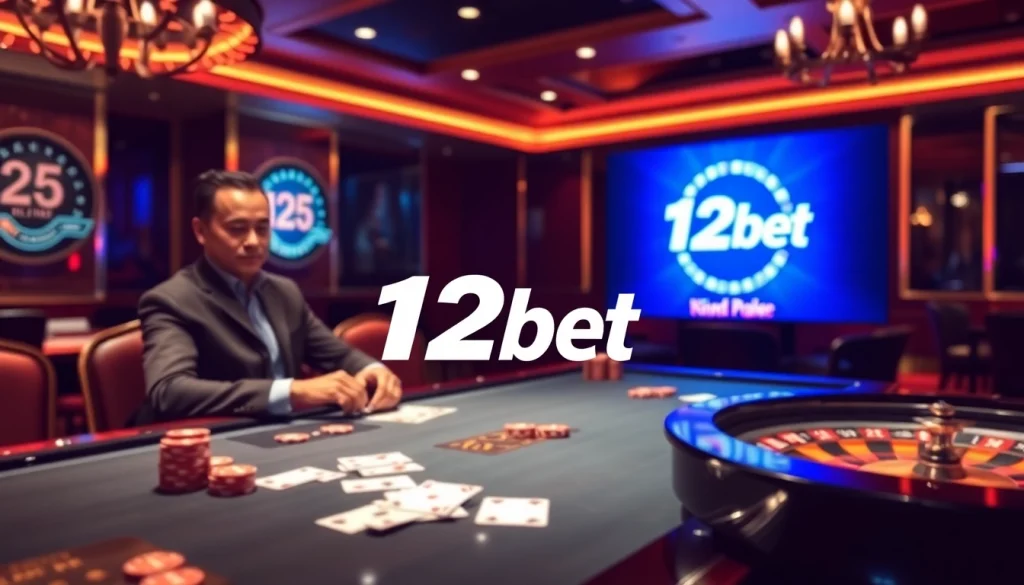Exciting online gambling experience with 12bet logo, poker chips, and roulette wheel.