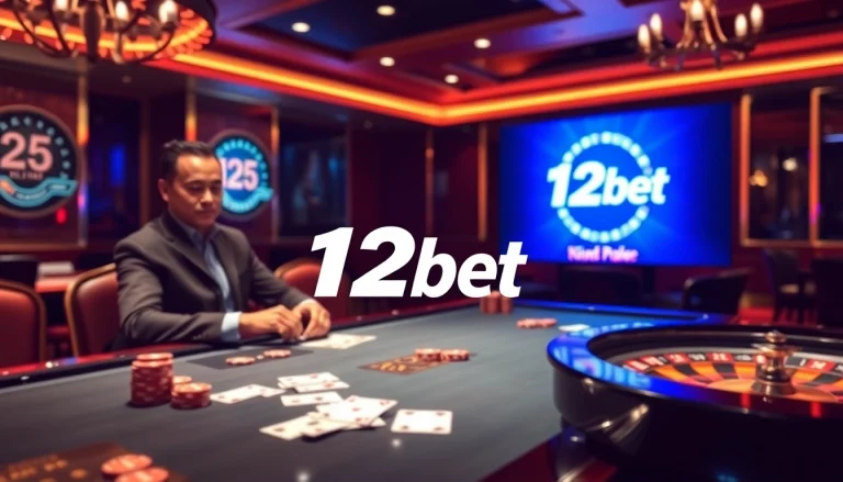Exciting online gambling experience with 12bet logo, poker chips, and roulette wheel.