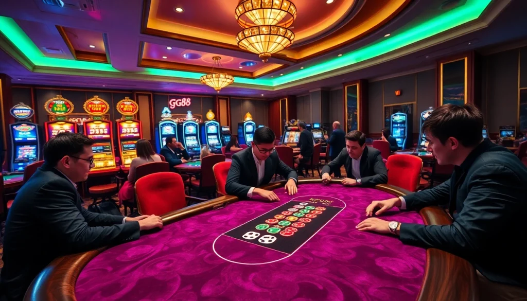 Players enjoying a thrilling game at the GG88 casino table filled with vibrant chips and cards.