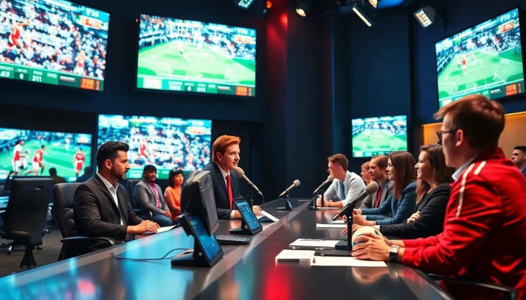 Engaging sports broadcasting studio showcasing dynamic commentators preparing for live coverage.