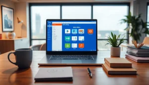 现代化办公工作区，笔记本电脑上展示 WPS Office 软件，提升生产力。