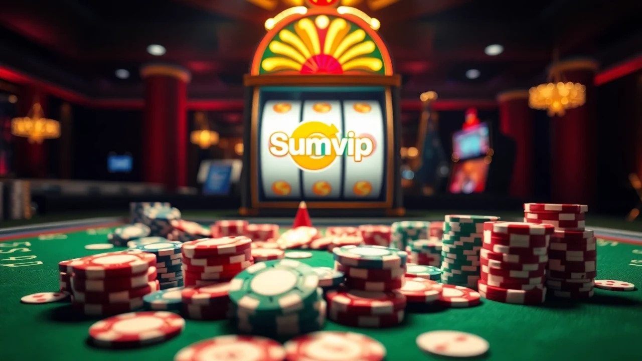 Experience the excitement of Sumvip's casino scene with vibrant slot machines and poker chips.