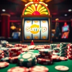 Experience the excitement of Sumvip's casino scene with vibrant slot machines and poker chips.