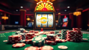 Experience the excitement of Sumvip's casino scene with vibrant slot machines and poker chips.