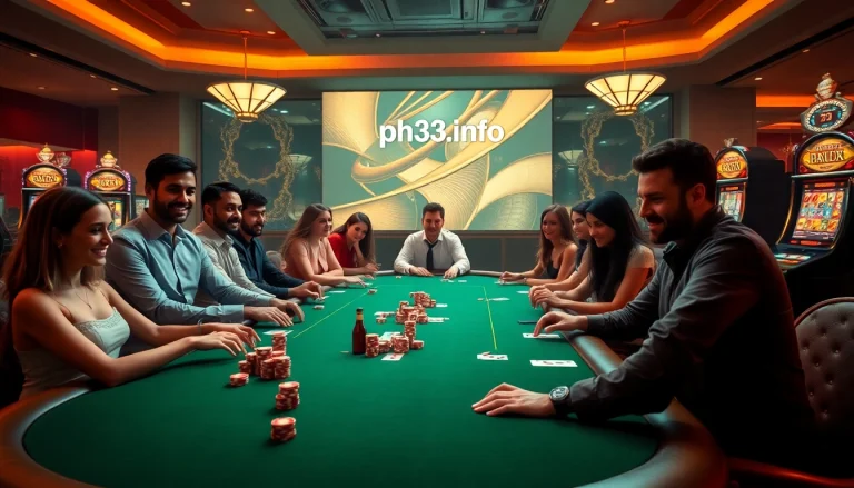 Players engaging with casino games at ph33.info, showcasing vibrant poker chips and cards.