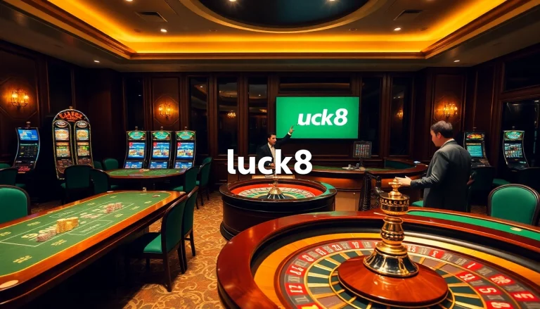 Experience Luck8's thrilling casino atmosphere with vibrant slot machines and professional dealers.