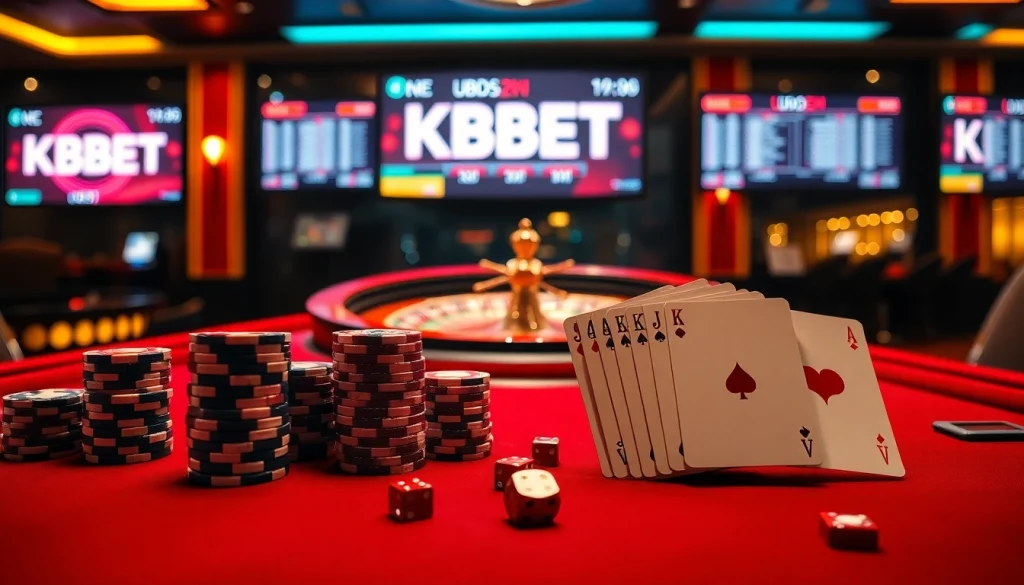 KBBET betting table with poker chips and cards, set in a luxurious casino ambiance.