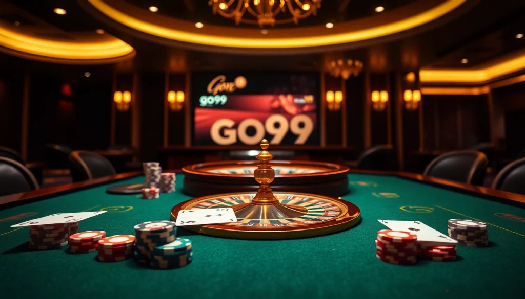 Experience the thrill of the go99 game at a high-stakes casino table featuring premium poker chips and cards.