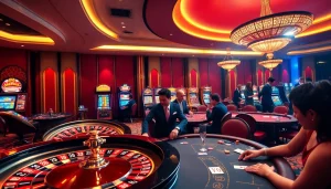 A bustling gambling floor at https://99wincasino.com/ with players enjoying roulette and slot machines.