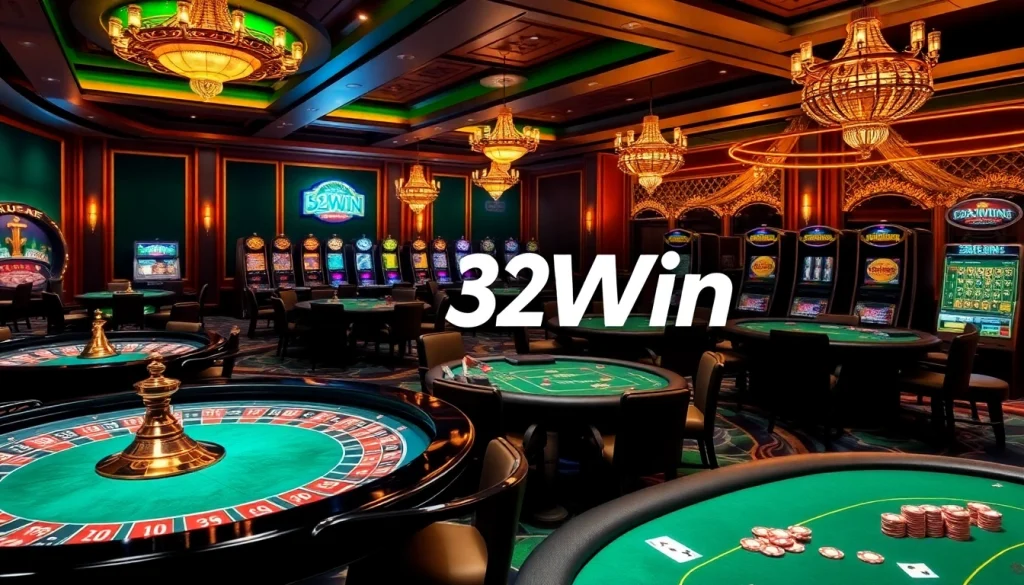 Experience the thrill of 32Win with a vibrant casino scene showcasing roulette, poker, and slot machines.
