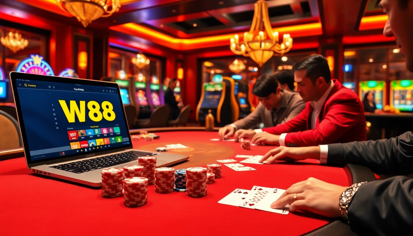 Experience the thrill of w88 with intense poker action and vibrant casino decor.