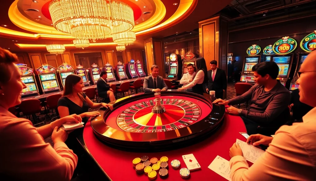Excited gamblers at a roulette table in a luxurious casino reflecting https://kjcmh.com/ gaming community.