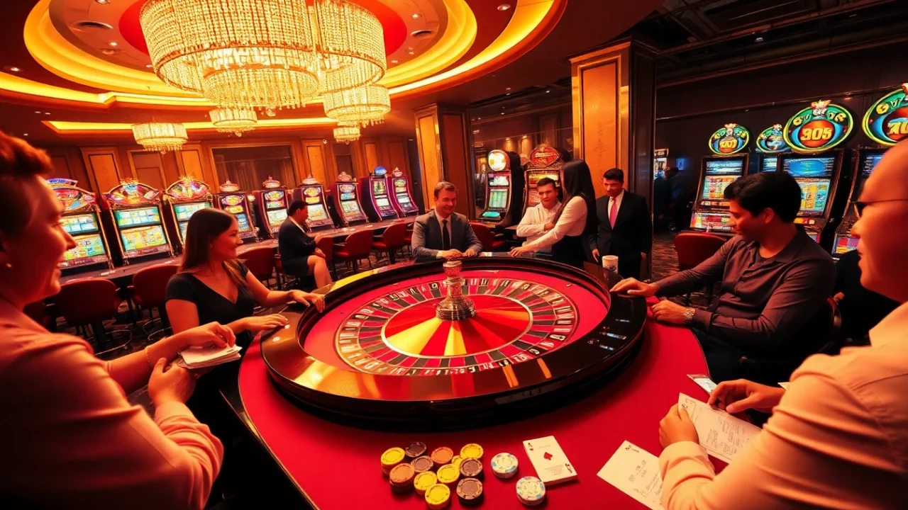 Excited gamblers at a roulette table in a luxurious casino reflecting https://kjcmh.com/ gaming community.