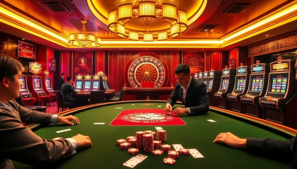 Sun win at an upscale casino with players enjoying poker, roulette, and slot machines.