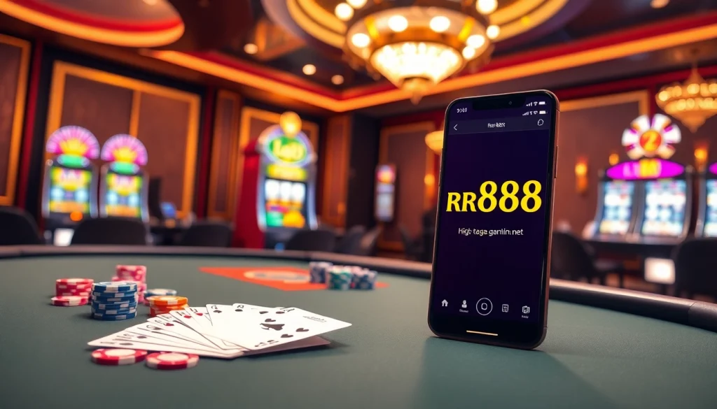 Engaging gamers at https://rr8888.in.net/ during a high-stakes poker game with vibrant chips and illuminated machines.