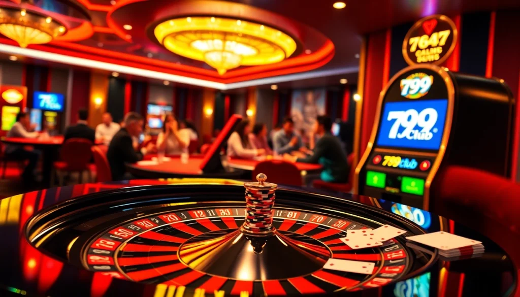 Experience the thrill of gambling at 789club's luxurious casino, featuring vibrant poker chips and a roulette table.