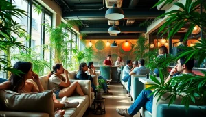 Membres heureux au Club Cannabis Madrid, profitant d'une ambiance relaxante et accueillante.