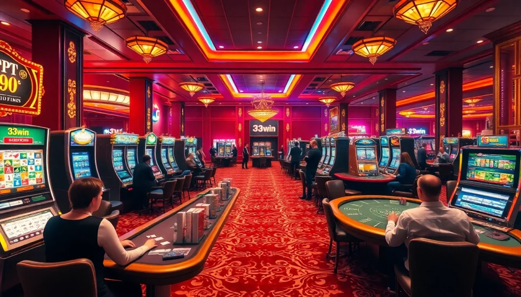 Experience the thrilling atmosphere of 33win with players engaging at high-stakes poker tables and vibrant slot machines.