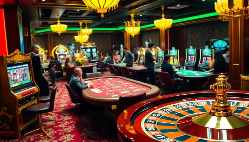 Experience the thrill of dh88 casino with players engaging at luxurious gaming tables and vibrant slot machines.
