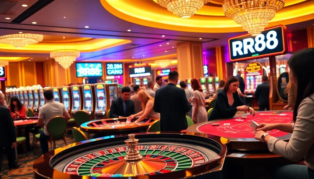 Experience thrilling gameplay at RR88's casino, featuring vibrant tables and eager players.