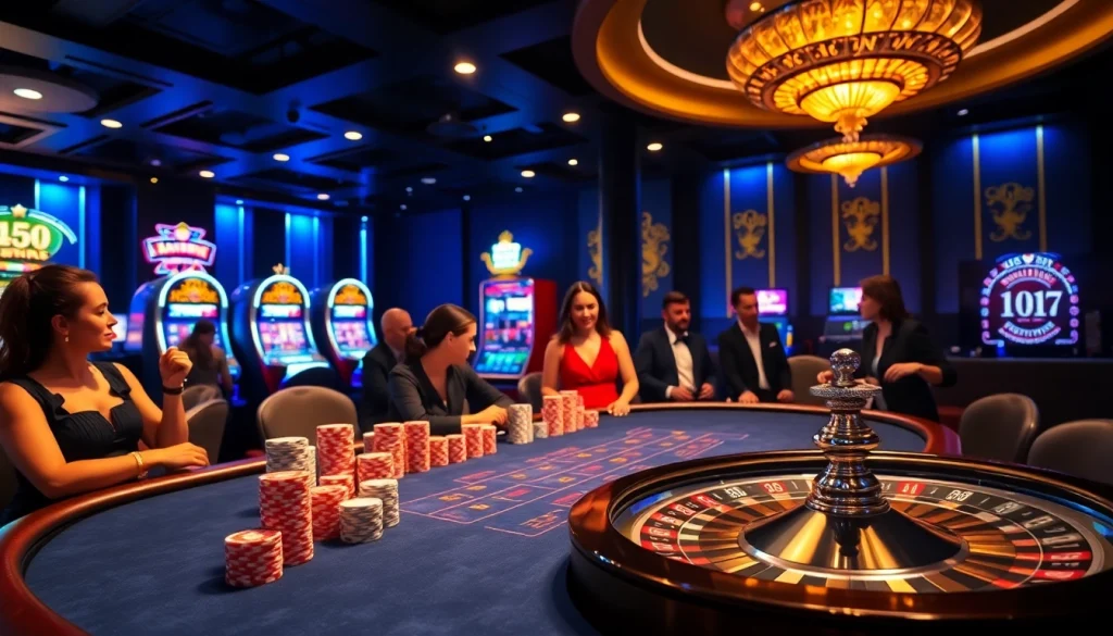 Players enjoying a thrilling game at https://jun88pl.com/ casino, with vibrant tables and professional dealers.