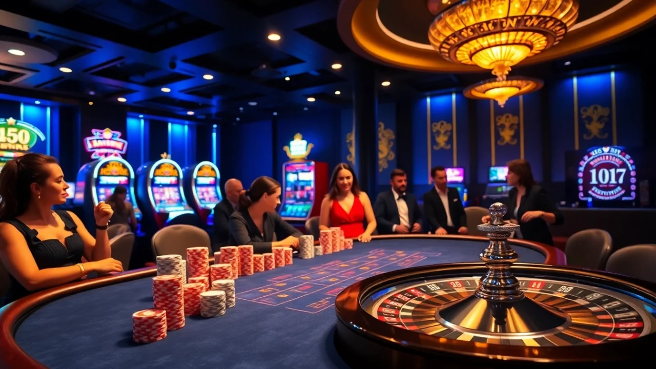 Players enjoying a thrilling game at https://jun88pl.com/ casino, with vibrant tables and professional dealers.