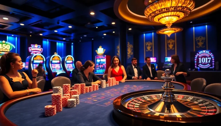 Players enjoying a thrilling game at https://jun88pl.com/ casino, with vibrant tables and professional dealers.
