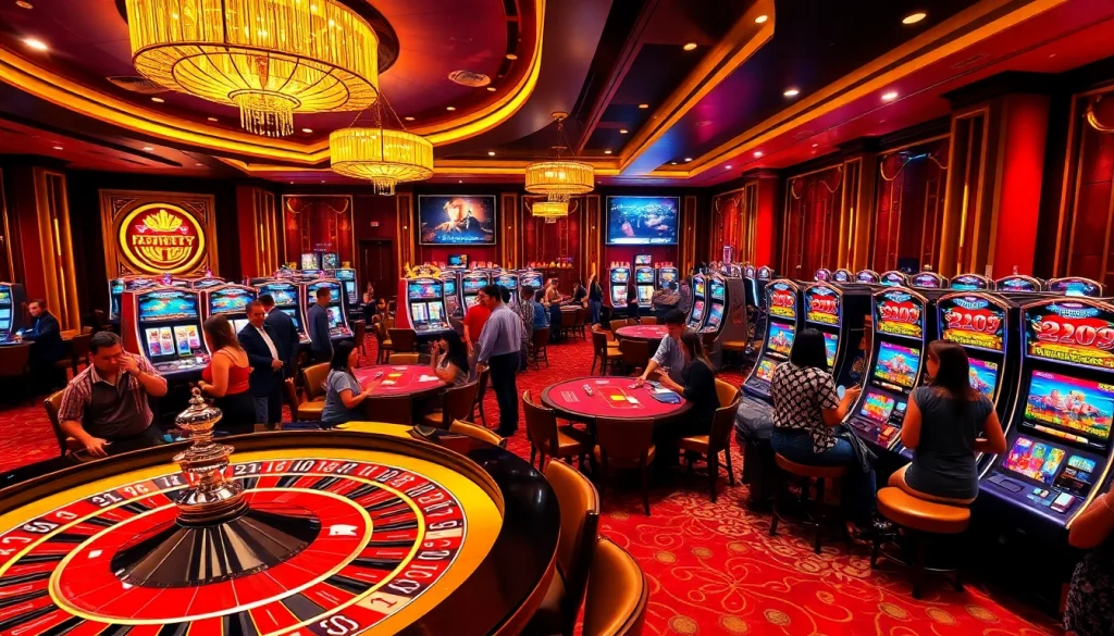 Players enjoying thrilling casino games at vin777.com in a vibrant luxury setting.