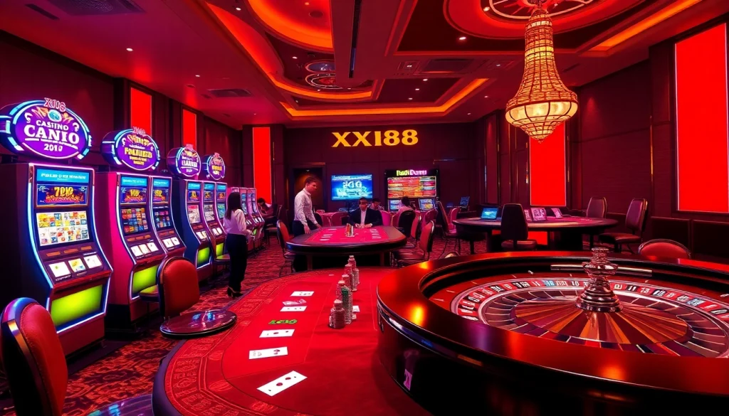 Experience the excitement of Casino XX88 with vibrant slot machines and a professional poker table.