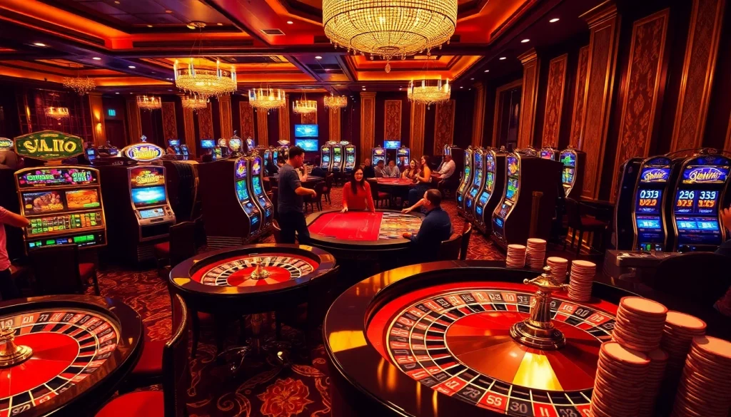 Players enjoying thrilling games at 58win casino with vibrant slot machines and tables.