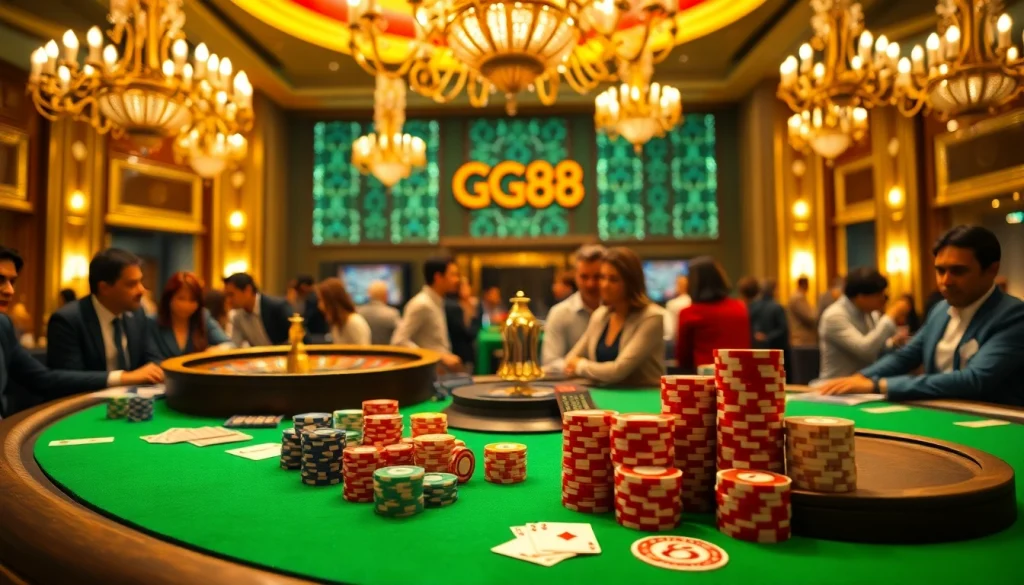 GG88 casino scene with roulette and poker chips, capturing the thrill of gambling.