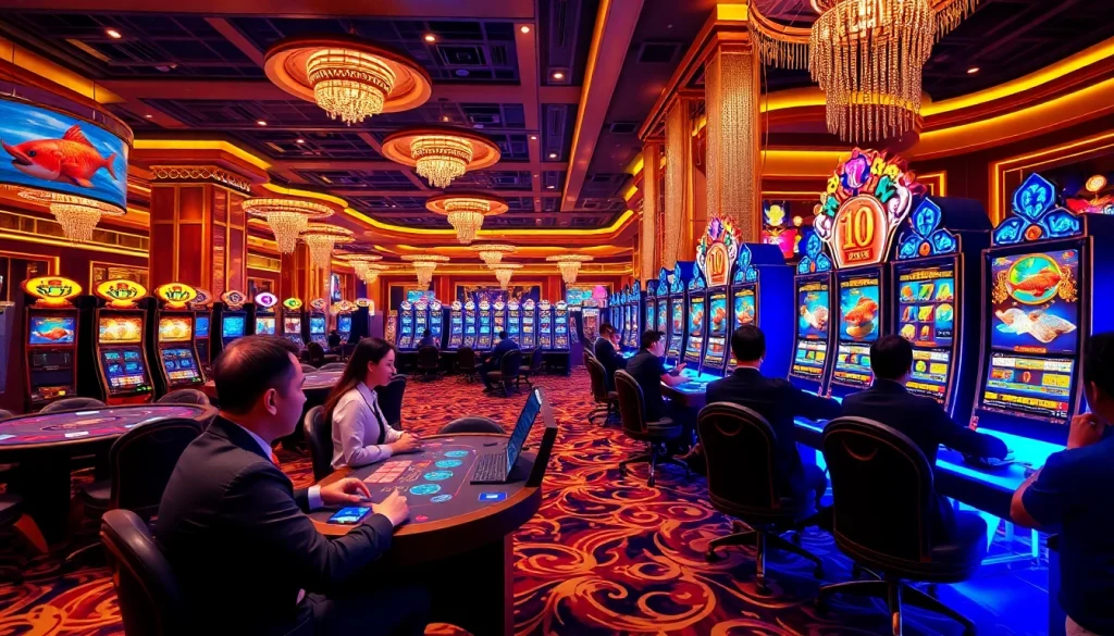 Bắn cá đổi thưởng players engaged in a thrilling casino game with vibrant graphics and excitement.