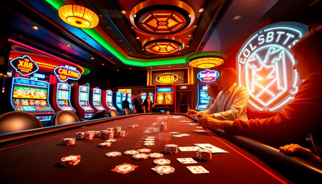 X88 game players enjoying a thrilling moment at an elegant casino table with vibrant poker chips.