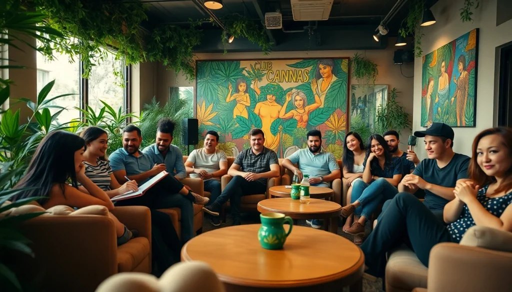 Members enjoying a relaxing time at Club Cannabis Madrid with vibrant atmosphere.