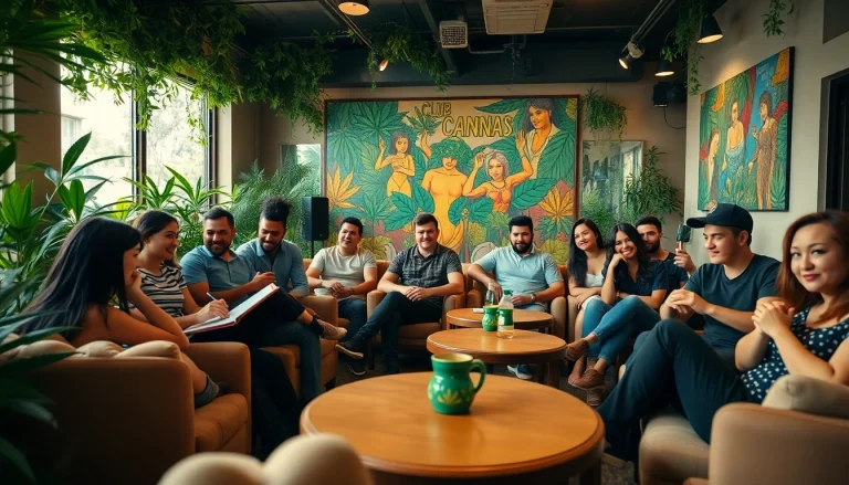 Members enjoying a relaxing time at Club Cannabis Madrid with vibrant atmosphere.